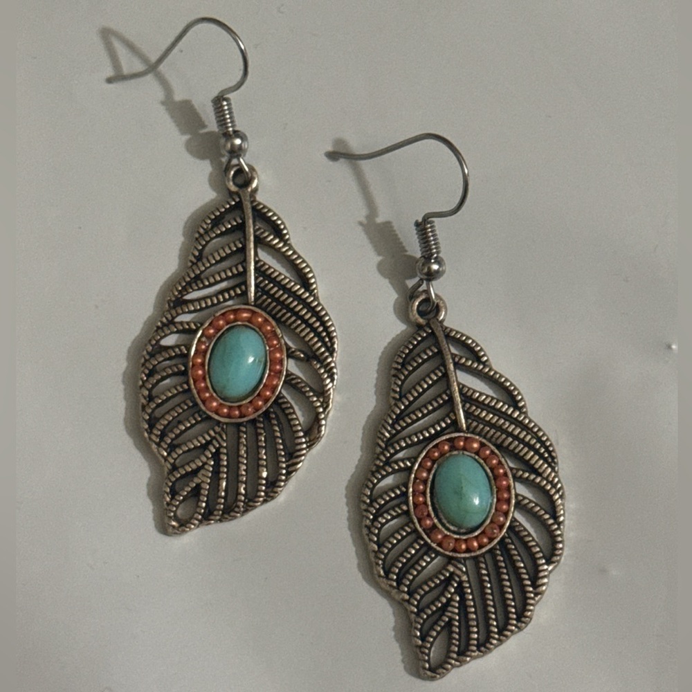 Turquoise Feather Dangle Earrings Western Boho Silver Tone